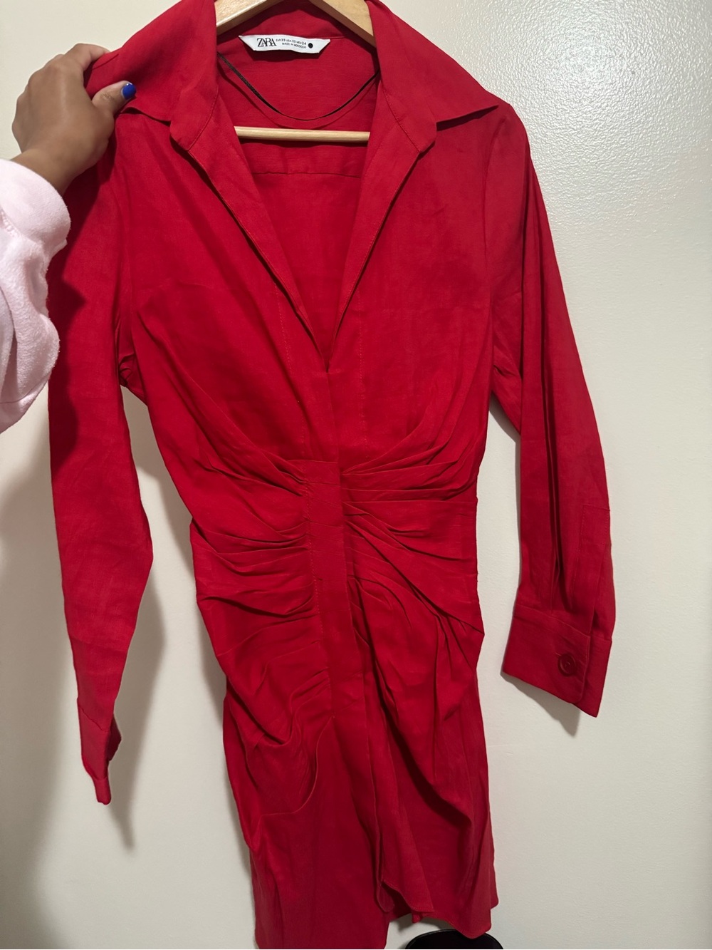 Zara Red Ruched V-Neck Long-Sleeve Mini Dress - Picture 2 of 5